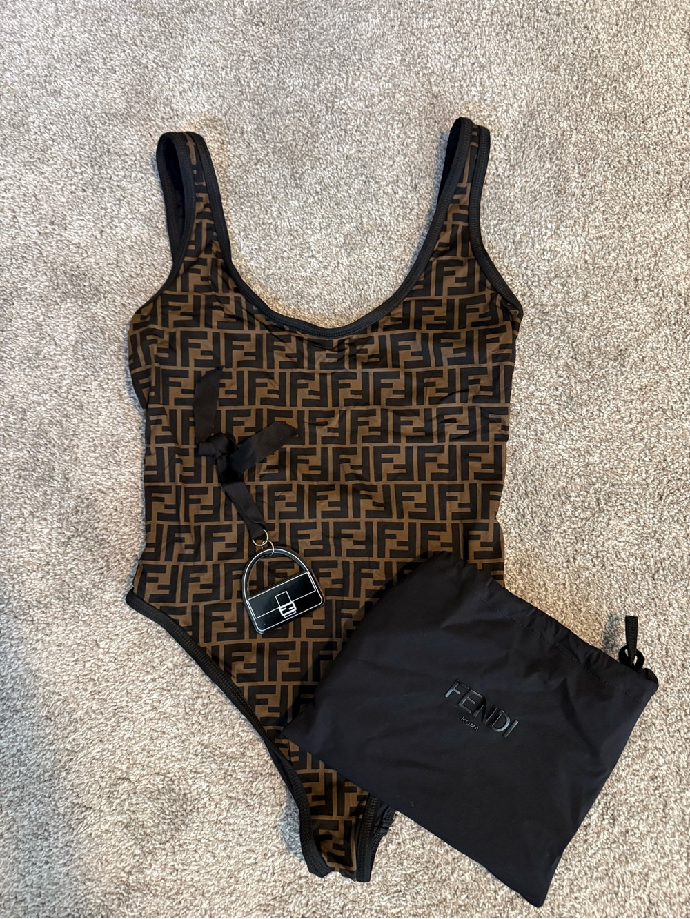 Fendi Brown & Black FF Logo Bandeau One-Piece